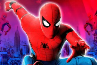 Spider man swinging in the mcu in red and blu.jpg