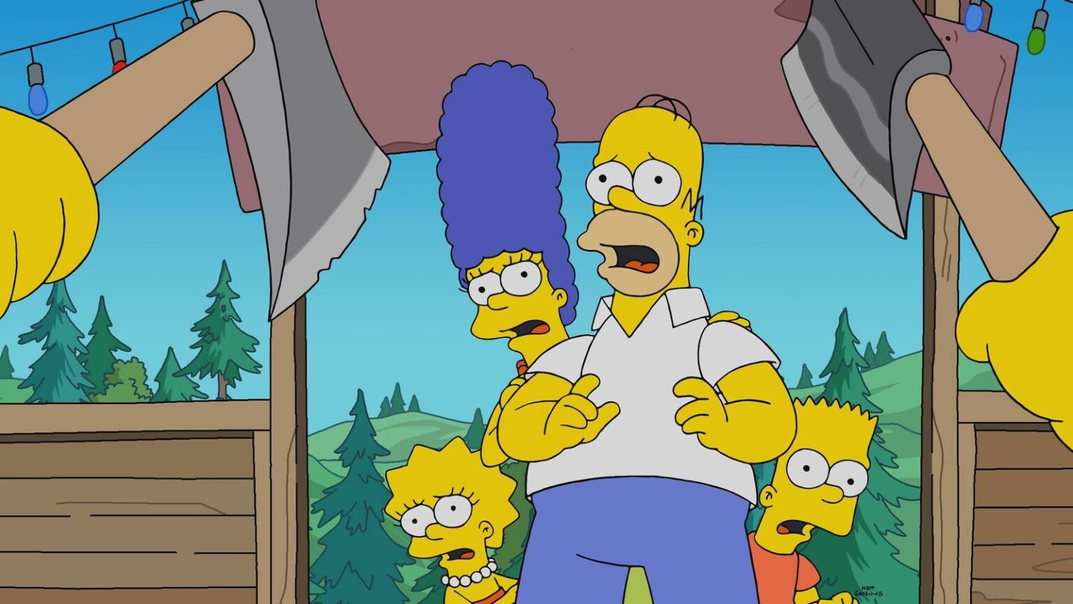 The simpson family cower in terror as a group wields axes in the simpsons season 35.jpeg