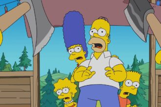 The simpson family cower in terror as a group wields axes in the simpsons season 35.jpeg