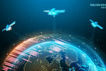 Three glowing satellites beaming down transmissions to earth.jpg