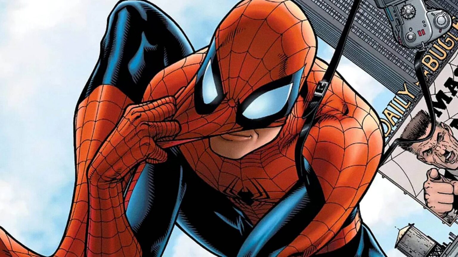 Peter parker puts on his mask while web swinging in the amazing spider man brand new day comic cover.jpeg