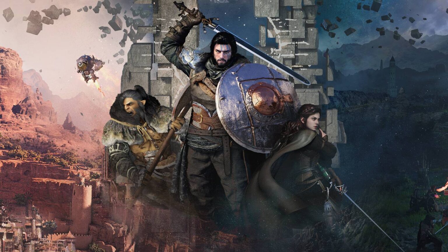 Key art from crimson desert shows kliff flanked by oongka and damiane posing with their weapons over.jpeg