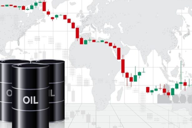 Oil barrels in front of a world map and fluctuating stock market graph.jpg