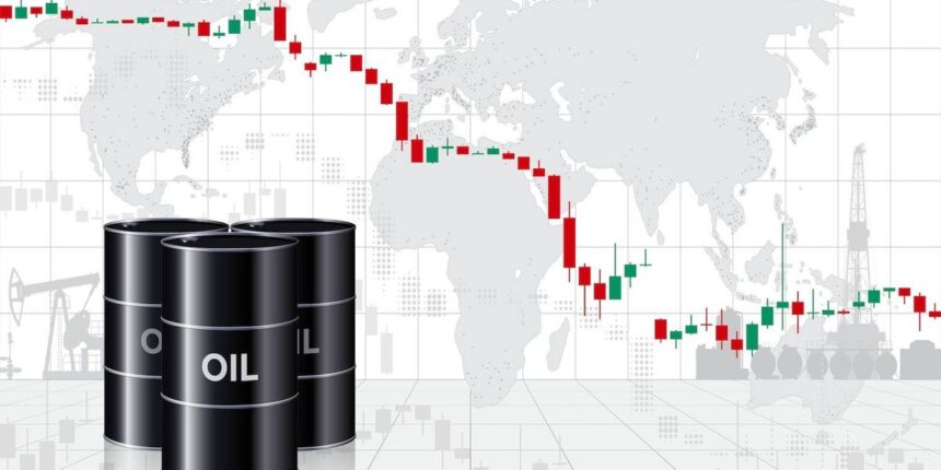 Oil barrels in front of a world map and fluctuating stock market graph.jpg