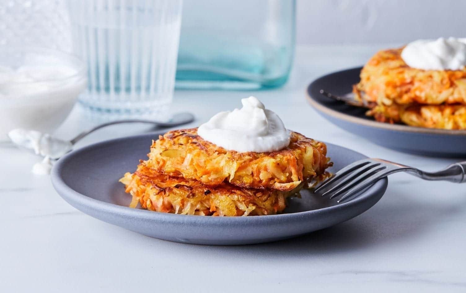 Potato carrot latkes with cumin yogurt.jpg