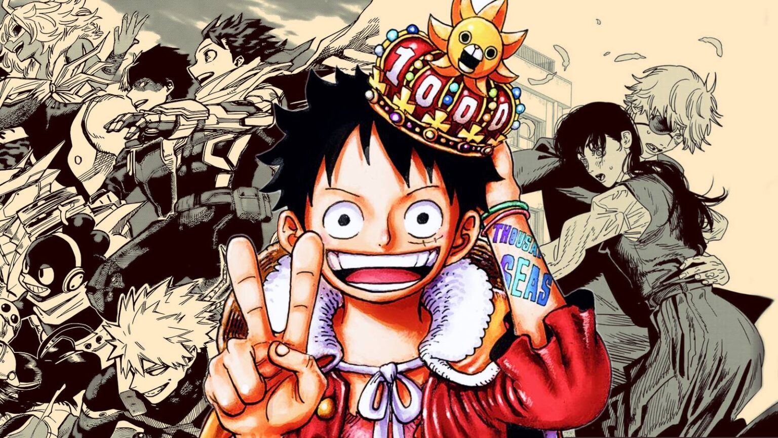 Luffy from one piece with panels from chainsaw man and my hero academia in the background.jpg