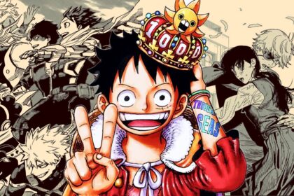 Luffy from one piece with panels from chainsaw man and my hero academia in the background.jpg