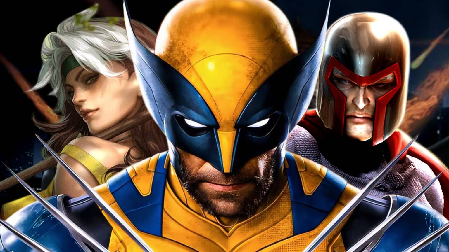 Wolverine shows off his claws between rogue and magneto in x men art.jpg