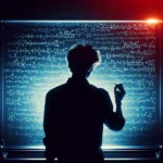 Dall·e 2024 03 13 20.27.28 a silhouette of a person writing complex mathematical equations on a clea.webp