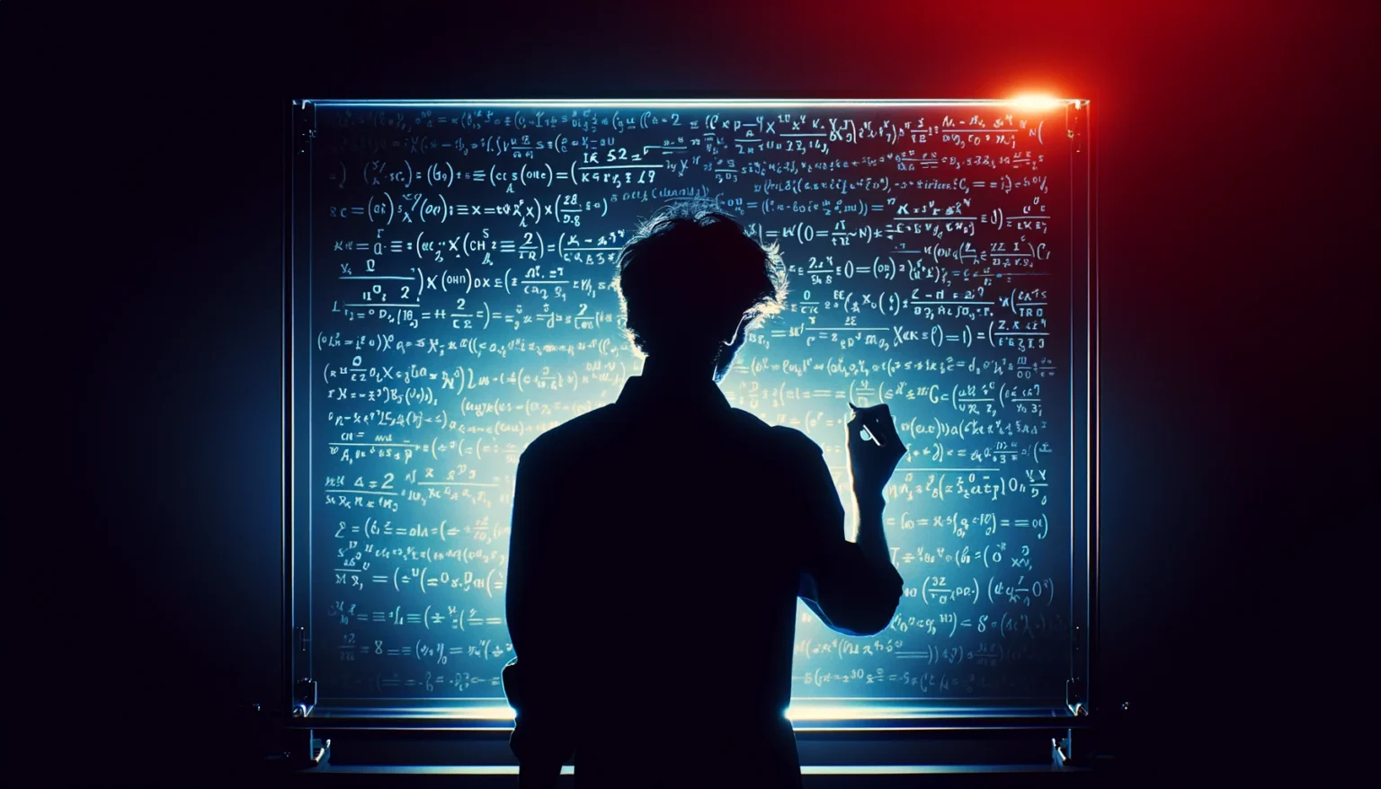 Dall·e 2024 03 13 20.27.28 a silhouette of a person writing complex mathematical equations on a clea.webp