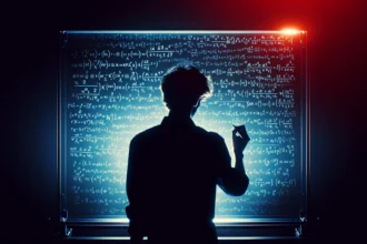 Dall·e 2024 03 13 20.27.28 a silhouette of a person writing complex mathematical equations on a clea.webp