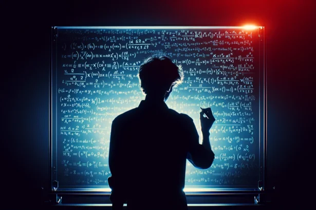 Dall·e 2024 03 13 20.27.28 a silhouette of a person writing complex mathematical equations on a clea.webp
