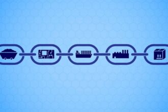 A chain with icons of a cart circuit ship factory and box on a blue hexagonal background.jpg