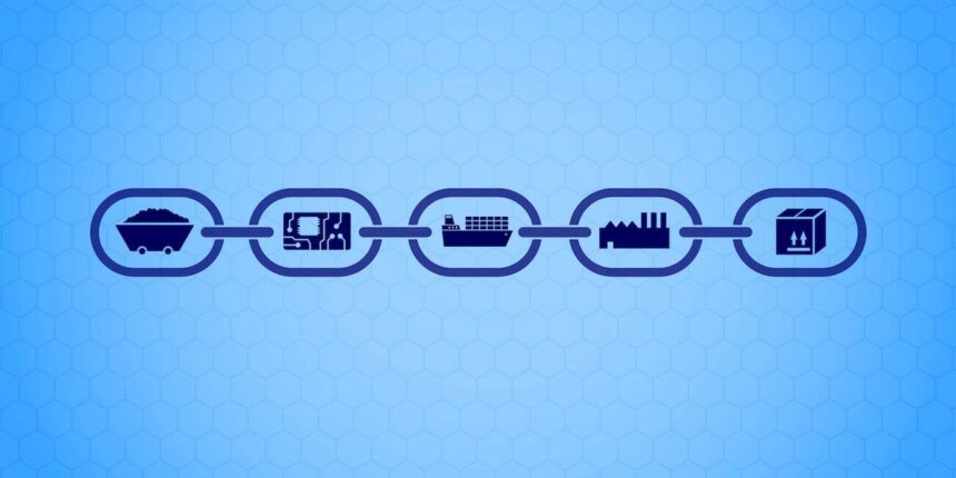 A chain with icons of a cart circuit ship factory and box on a blue hexagonal background.jpg