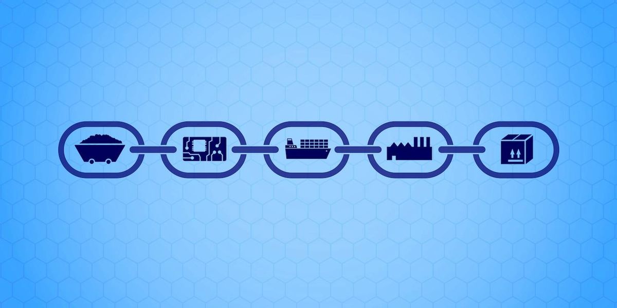 A chain with icons of a cart circuit ship factory and box on a blue hexagonal background.jpg
