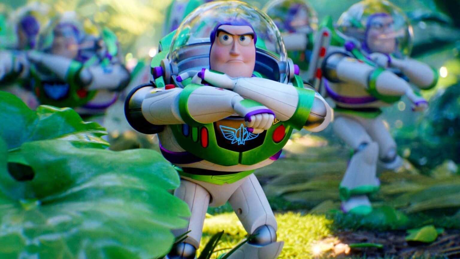 Buzz lightyear leading a team of buzzes through a forest in toy story 5.jpg