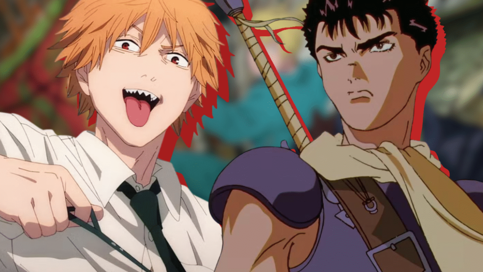 Chainsaw man s denji and berserk s guts in front of a blurred dorohedoro poster anime featured image.png