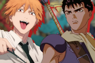 Chainsaw man s denji and berserk s guts in front of a blurred dorohedoro poster anime featured image.png