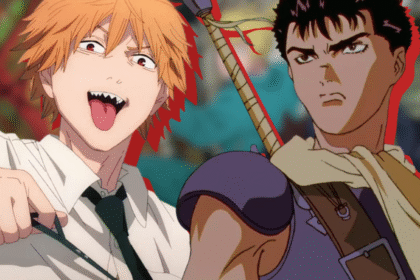 Chainsaw man s denji and berserk s guts in front of a blurred dorohedoro poster anime featured image.png